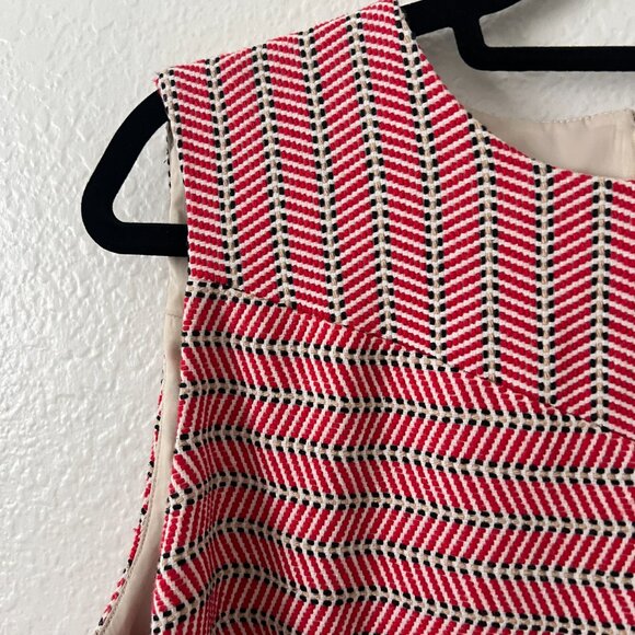 J.Crew Sz 14 Italian Tie Waist Red White Herringbone Tweed Sheath Dress Career - Picture 6 of 11